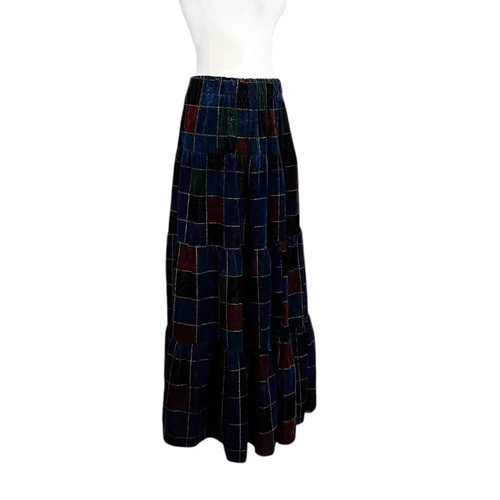 Vintage Velvet Burnout Patchwork Holiday Flowy Tiered Ruffled Maxi Skirt (S/M)